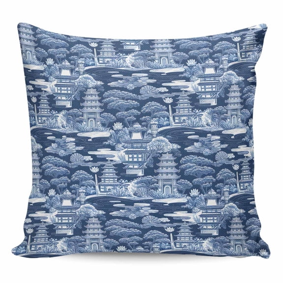 Throw Pillow Covers 18x18 Inch, Navy Blue Garden Decorative Pillow Cases for Couch Sofa Bed, Modern Art Building Trees Landscape Cotton Linen Square Home Decor Pillowcases with Hidden Zipper
