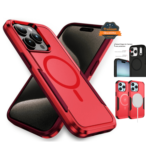 For Apple iPhone 17 Pro Max Hybrid Dual Layer Case with Magnetic Back Hard PC TPU Phone Cover – Red