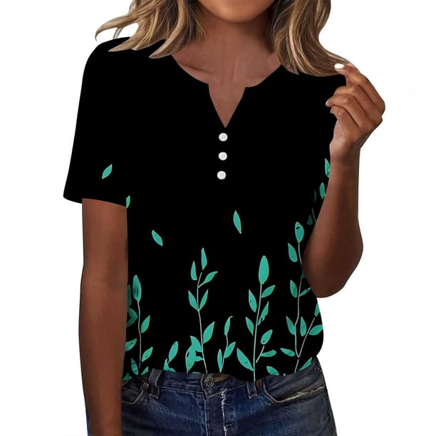 Tops de Manga Corta de las Mujeres Impreso Cuello en V, Suelto Casual Top para el Hogar Y las Actividades Diarias