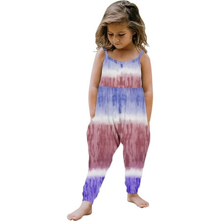 

DOSUKRAI Toddler Girl Outfits，Tie Dye Overalls Toddler One Piece Vintage Backless Jumpsuit Color Block Spaghetti Strap Romper Flash Deals of the Day Purple 5 Years