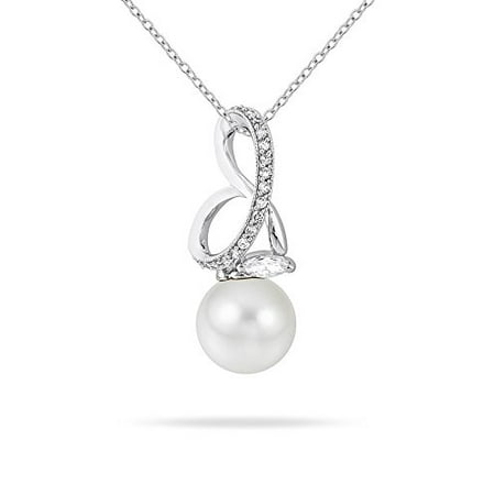3 Mother Of Pearl - Rhodium Plated Necklace with a Mother of Pearl Cubic Zirconia Dangle and Round Cut Clear Zircon Accents