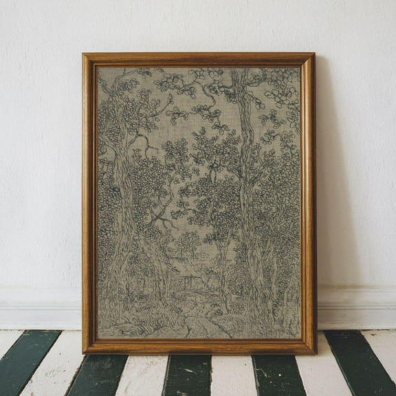 Vintage Ink Sketch Poster Antique Textile Wall Art, Woodland Landscape Drawing, Neutral Art Printable Farmhouse Wall Decor, Moody Wall Art, Size 8x12 UNFFRAMED F03.1.6l293