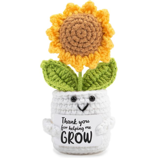 Teacher Gifts from Students, Crochet Sunflower with Thank You for Helping Me Grow Card, Teacher Appreciation Gift for Women Men, Gifts for End of School Year, Graduation, Mothers Day