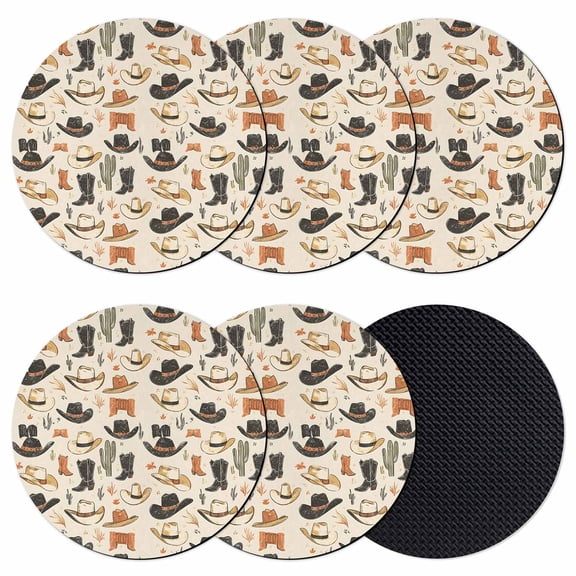 Western Cowboy Coasters Set of 6, Country Vintage Art Boots Desert Absorbent Coasters for Drinks, Coaster for Bar Office Dining Coffee Table Accessories Decor, Non Slip Round Desk Coaster