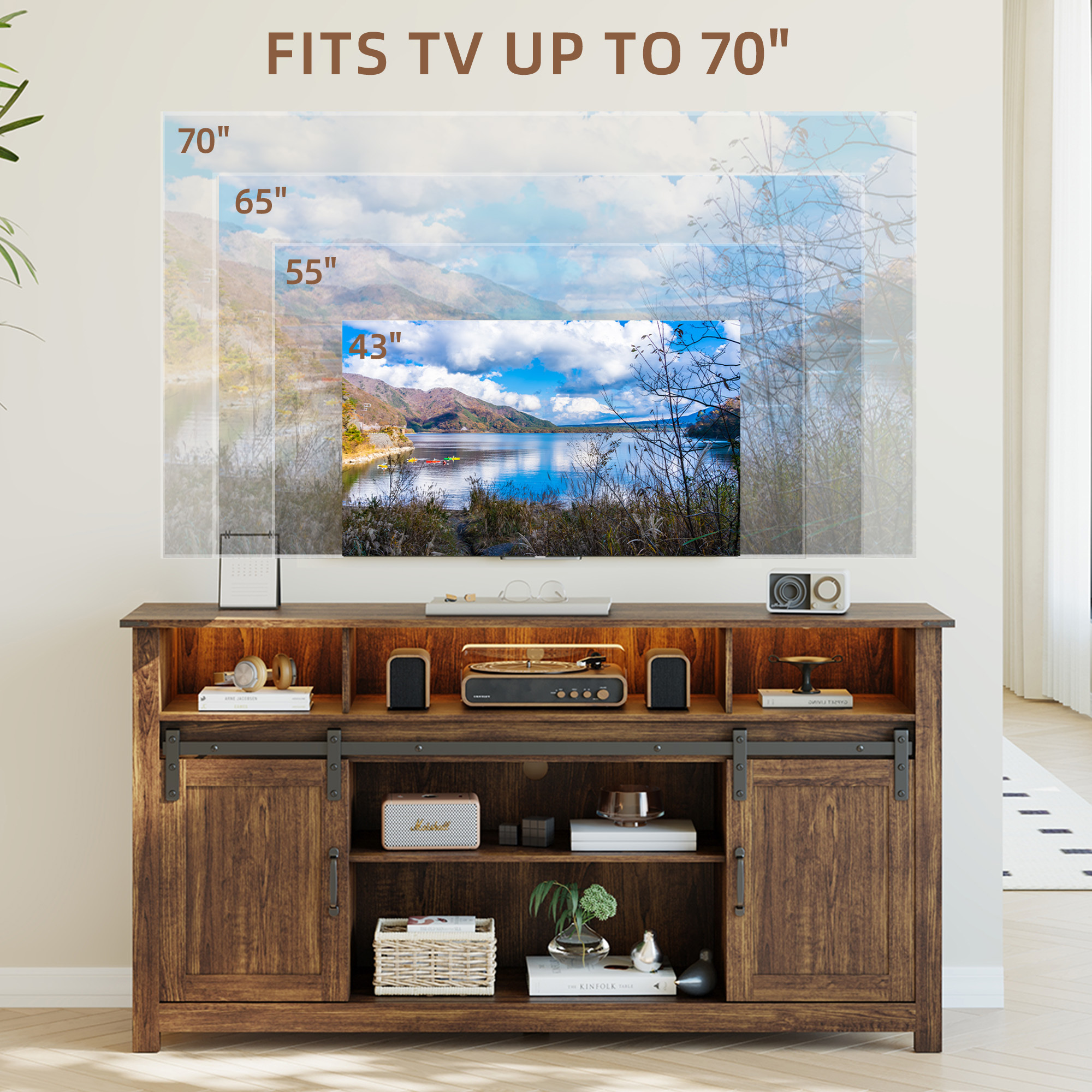 Furnibear LED Farmhouse TV Stand for 70/65/60 Inch TVs,Entertainment Center Storage Cabinets with Power Outlets and Sliding Barn Door,Rustic TV Stands for Living Room,Media Console Cabinet,Dark Brown