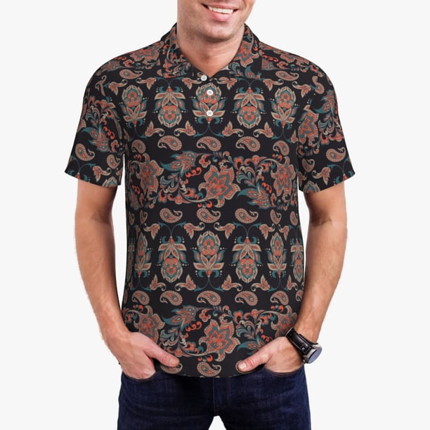 Fotbe Retro Floral Camiseta Polo de Golf para Hombre con Estampado – Camisa Deportiva Transpirable con Cuello Abotonado-Large