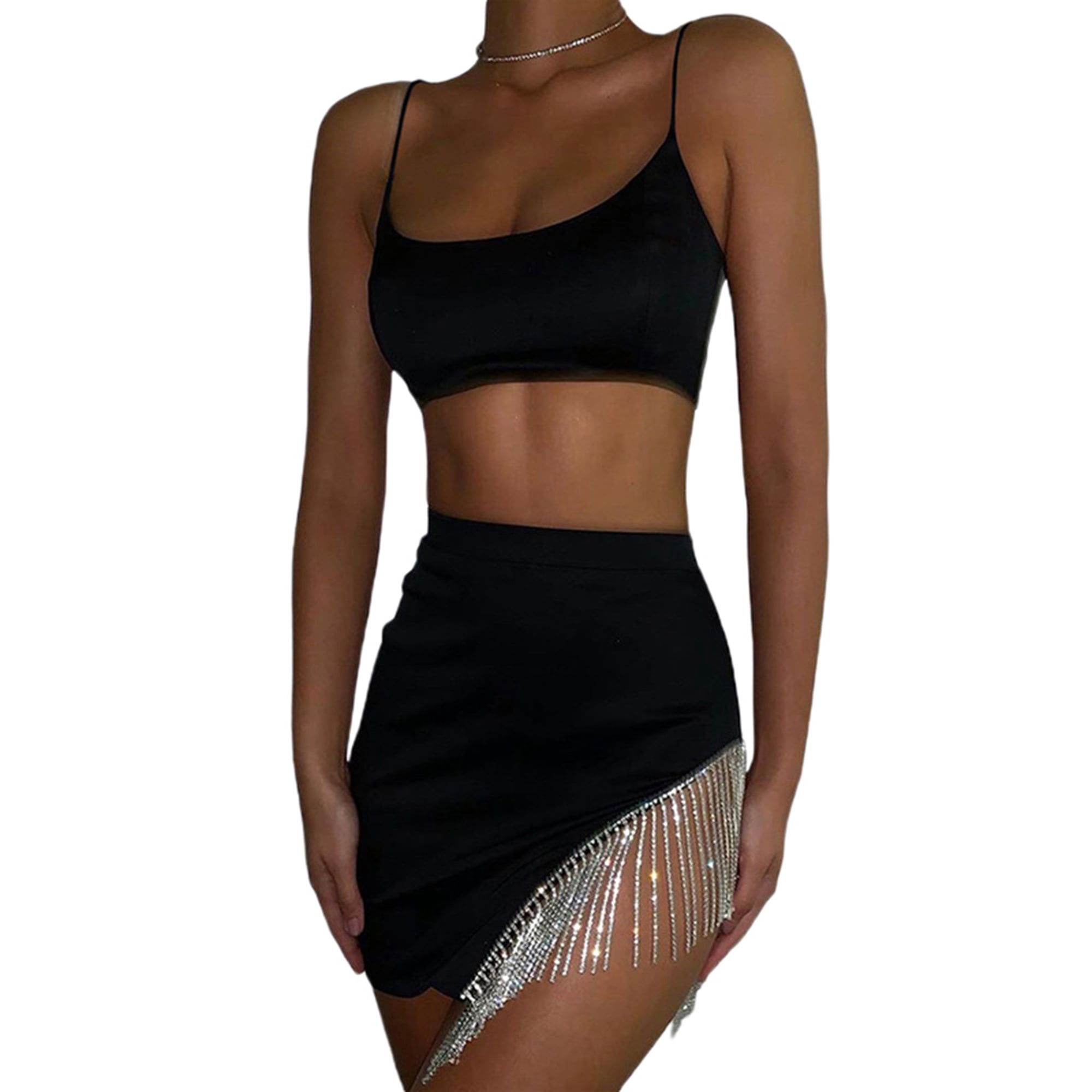 SUNSIOM Women 2PCS Skirt Set Sling Low Chest Tops High Waist Tassel Skirt