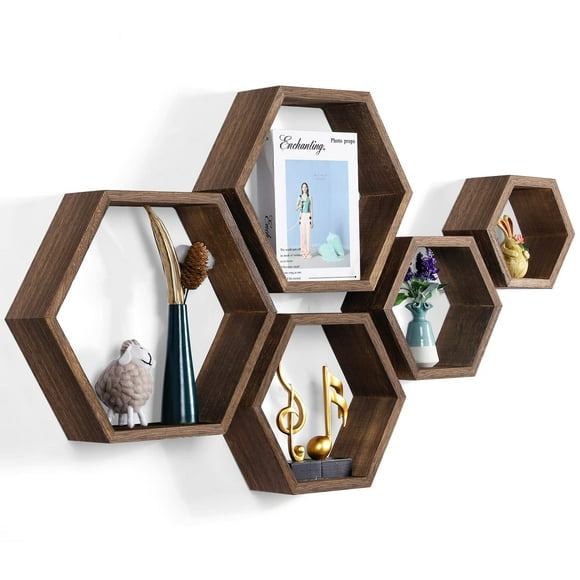 5pcs Rustic Wood Hexagonal Floating Shelves Wall Mounted for Office Living Room