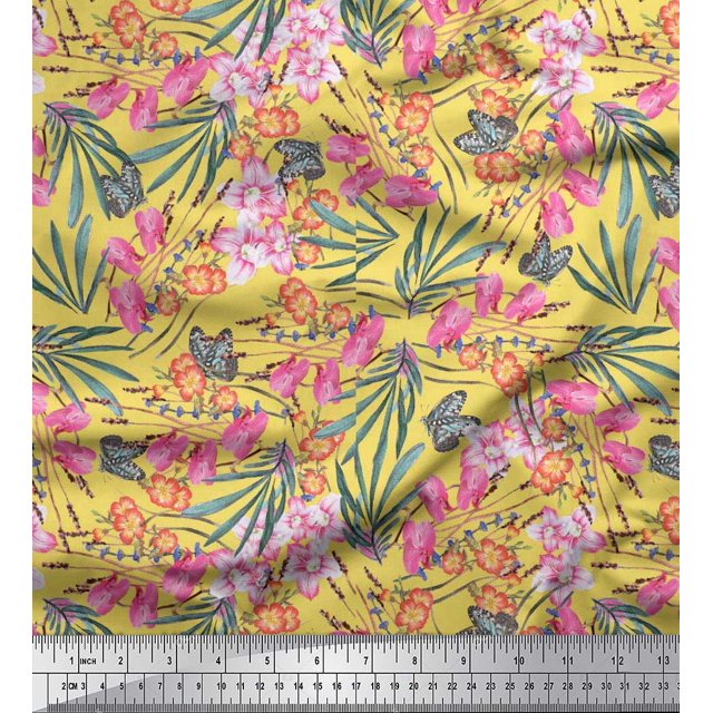 Soimoi Rayon Crepe Fabric & Orchids Floral Print Fabric by Yard 46 Inch Wide