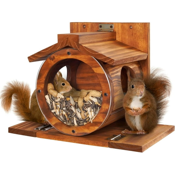 VASGOR Wood Squirrel Feeder, Squirrel Feeders for Outside Winter, Wooden Chipmunk Feeder for Corn, Peanuts, Durable Box Easy to Fill with The Roof Can Be Opened