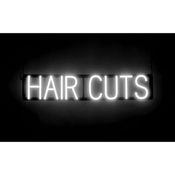 SpellBrite HAIR CUTS LED Sign for Business. 31.6" x 6.3" White HAIR CUTS Sign Has Neon Sign Look With Energy Efficient LED Light Source. Visible from 500+ Feet, 8 Animation Settings.