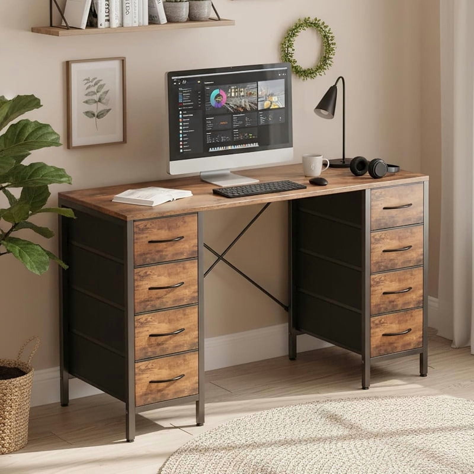 Kelno 47 Inch Computer Desk with 8 Fabric Drawer Large Storage Gaming Writing Table, Rustic Brown