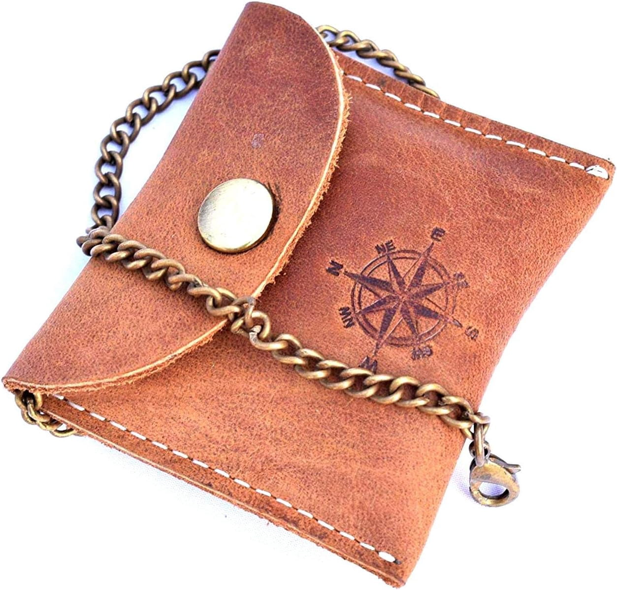 Handmade Nautical Brass Push Open Compass On Chain with Leather Case Pocket Compass Gift