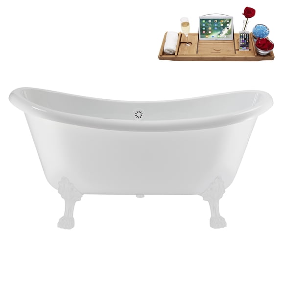 59" Streamline N4880WH-WH Soaking Clawfoot Tub and Tray With External Drain in Glossy White and Glossy White Clawfeet