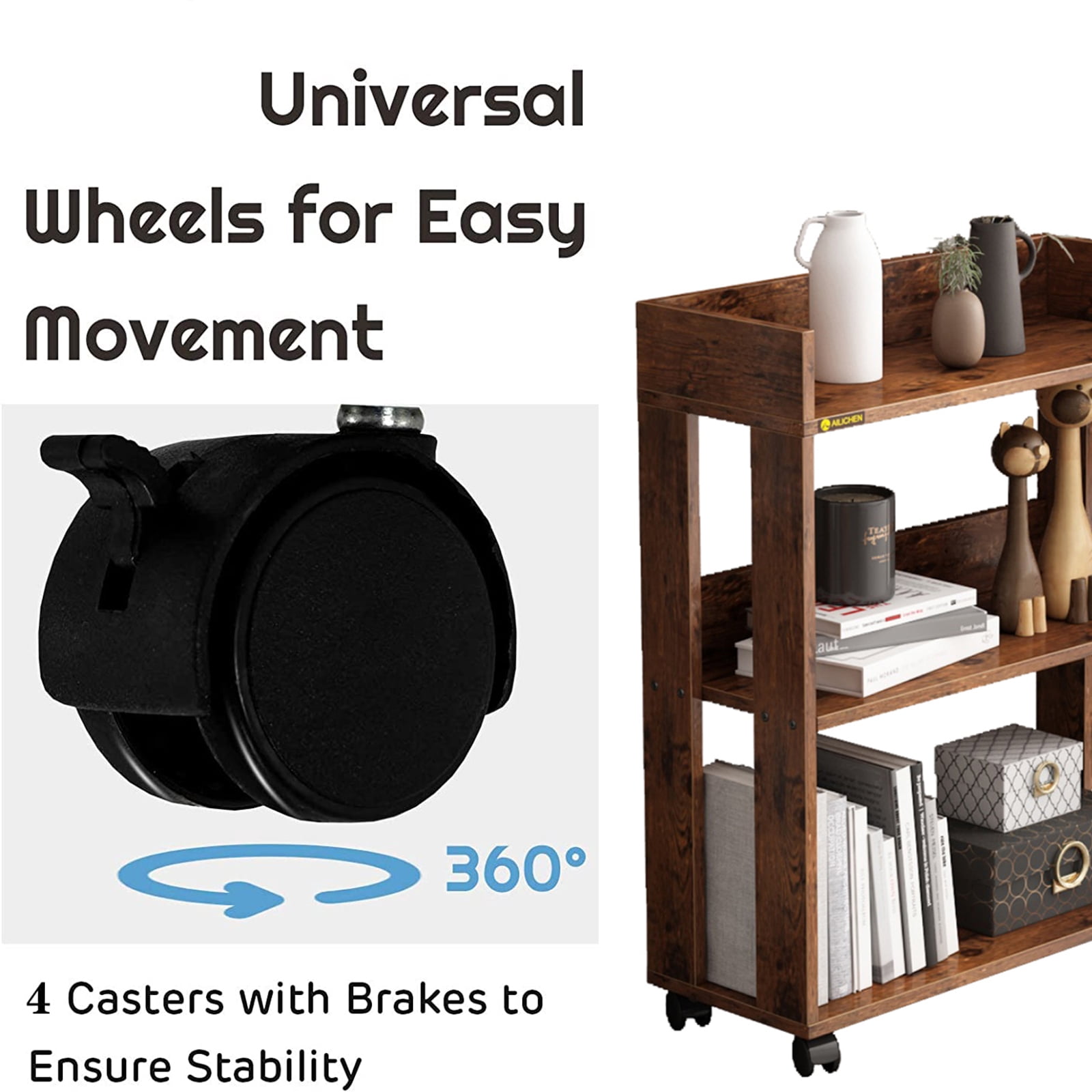 ALISENED 3 Tier Bookshelf and Bookcase with Wheels, Wood Small Nightstand, End Table Storage Rack