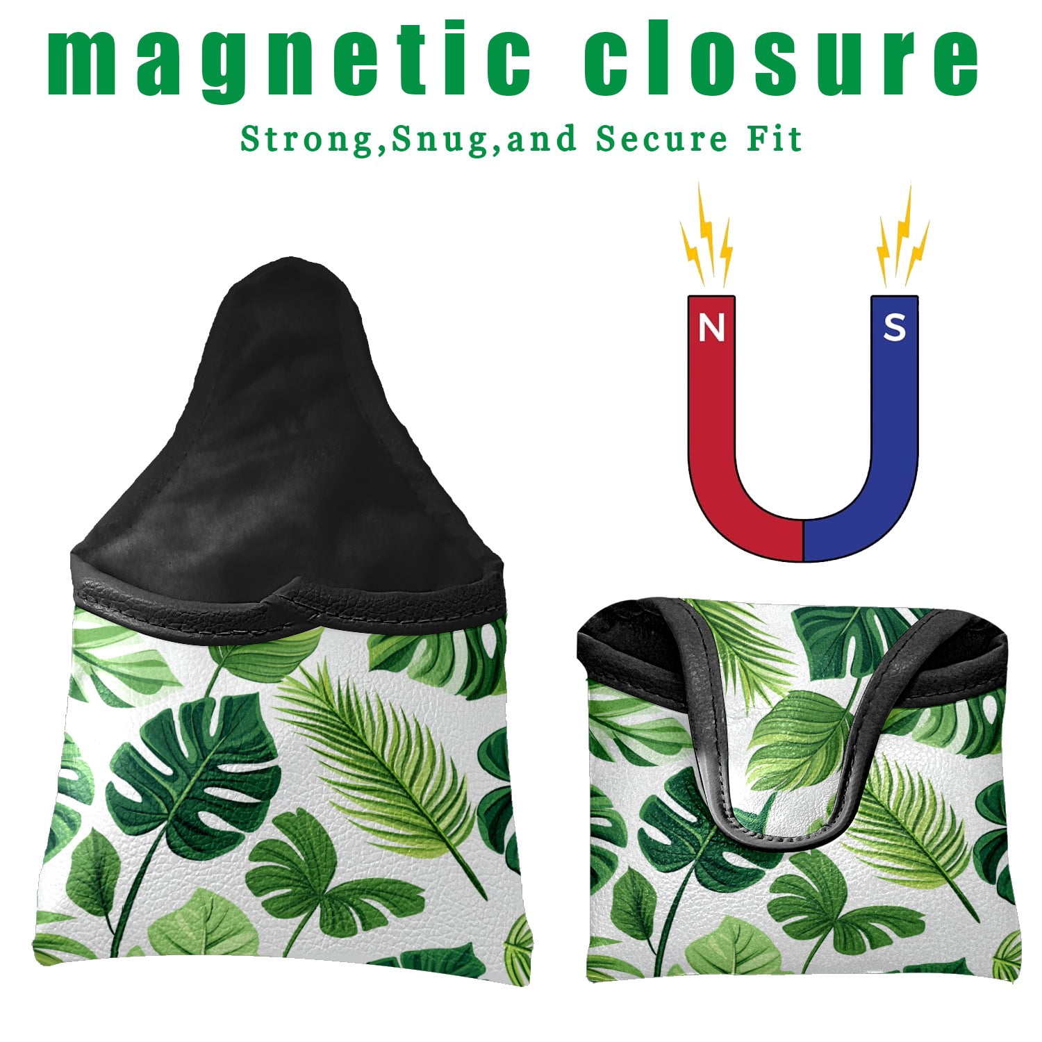 Golf Mallet Putter Cover Premium Leather Waterproof Golf Putter Head Cover with Magnetic Closure Green Leaves