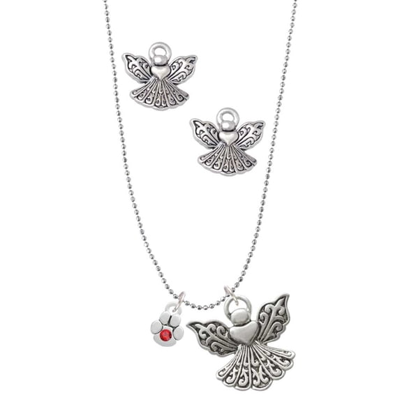 Delight Jewelry Silvertone Mini Paw with Red Crystal Silver tone Guardian Angel Charm Necklace and Stud Earrings