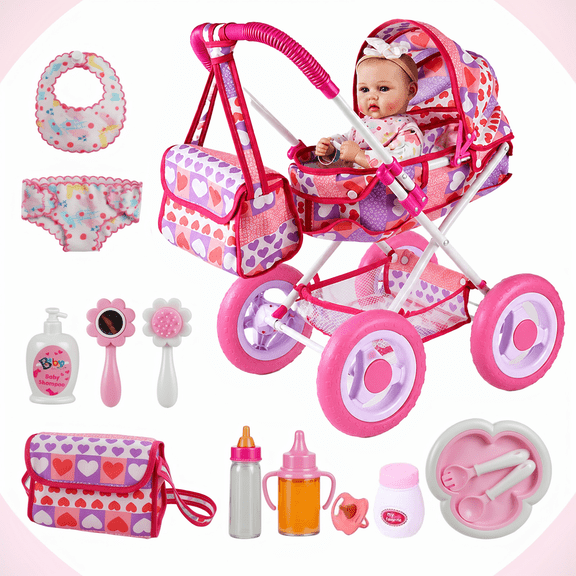 RSG 10-Piece Baby Doll Stroller Set with Feeding Accessories, Baby Doll Stroller Toys for 10–12-Inch Dolls, Pretend Play Feeding Toy for Toddlers (Doll Not Included)