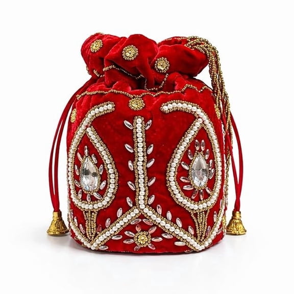 Women’s Velvet Potli Bag with Pearl and Stone Work Drawstring Pouch for Wedding Party Festival Traditional Handbag Gift for Ladies-Red