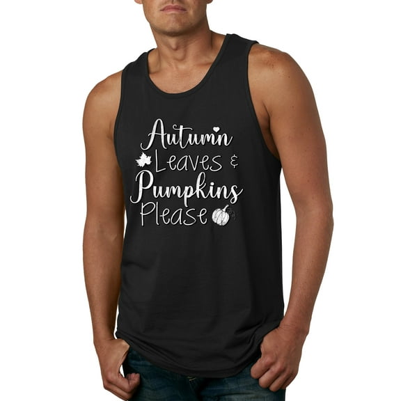 Wild Bobby Autumn Leaves and Pumpkins Please Black and White Distress Filter Halloween Men Tank Top, Black, Small