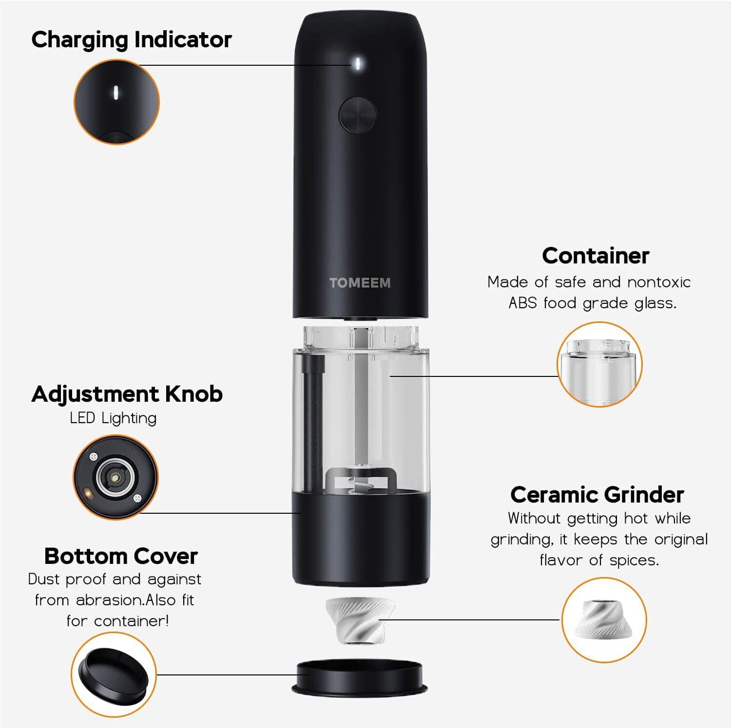 Tomeem Upgraded Larger Capacity Electric Salt and Pepper Grinder Rechargeable Usb Pepper Grinder Automatic Mill Shaker