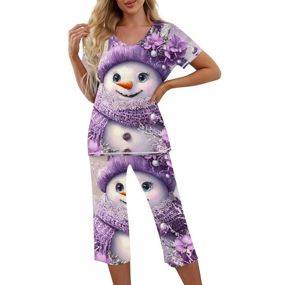 Tnhcen Women's 2-Piece Christmas Snowman Print Pajamas V-Neck Short-Sleeve Pjs Set with Capri Pants Festival Nightwear Home Lounge Wear S-2XL