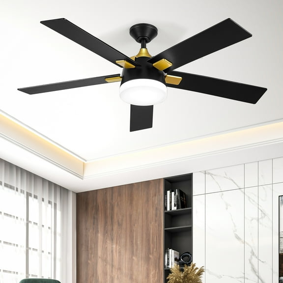 Dextrus 52-Inch 5-Blade Modern Ceiling Fan with Light, Reversible Fan with Quiet 6-Speed DC Motor, Adjustable 3-Color LED, Memory Function, and Dual Downrods (Black and Gold)