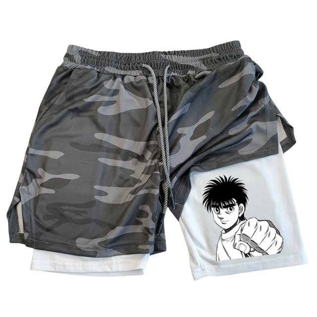 Pantalones cortos de compresión con estampado de Anime para hombre, Shorts de gimnasio de rendimiento atlético con bolsillos, secado rápido, Fitness, entrenamiento, boxeo, 2 en 1