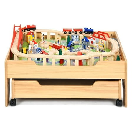 Train Table, 100 Pieces Kids Wooden Activity Table Playset with Storage Drawer Multicolor Railway Tracks Cars City, Creative Toy Set Gift for Toddlers Boys Girls