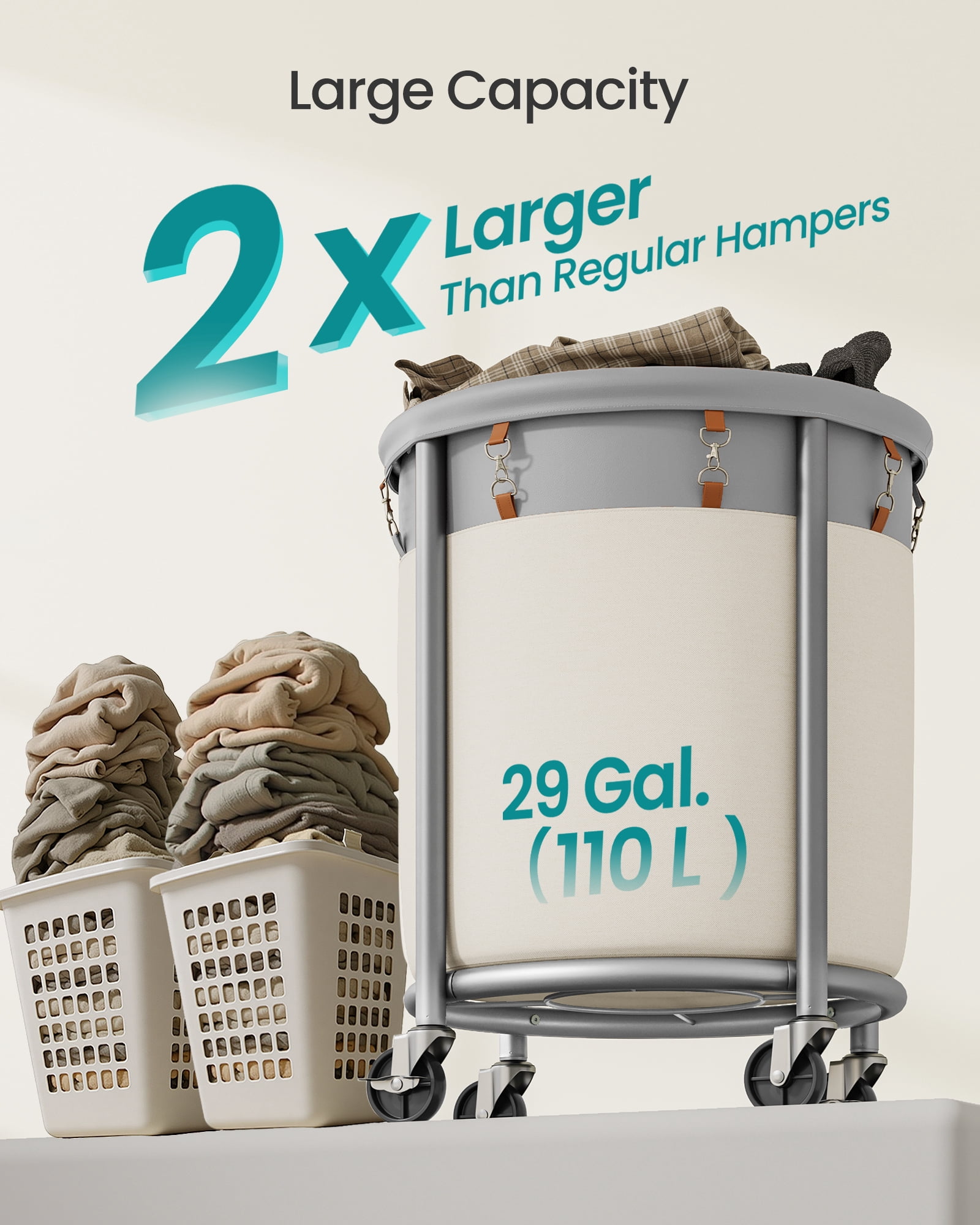 SONGMICS 29-Gallon (110 L) Laundry Basket with Wheels, Rolling,with Steel Frame and Removable Bag, 2 Locking Wheels, Dove Gray and Cream White