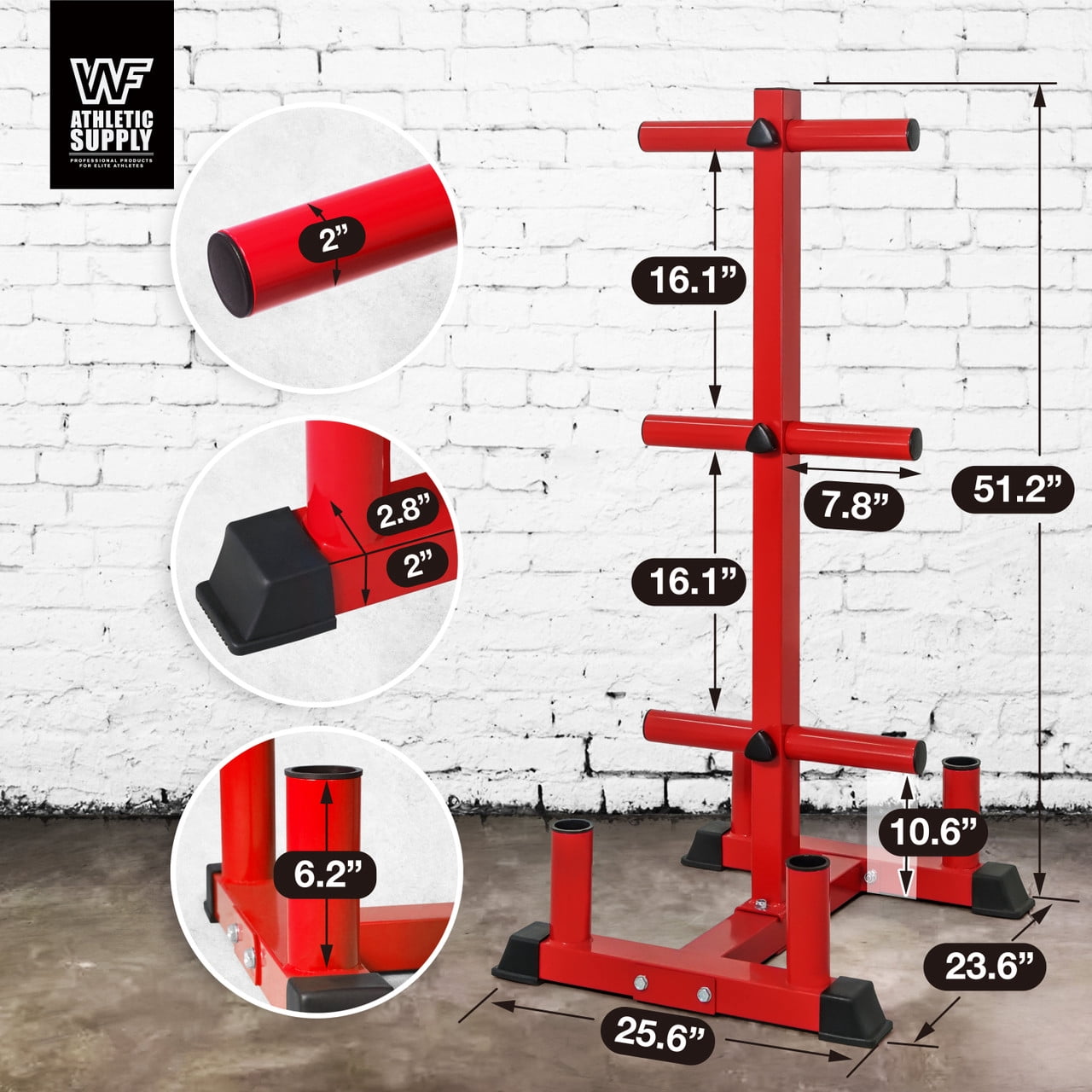 WF Athletic Supply Olympic Bumper Plate Storage Rack, Home Gym 2 Inch Weight Plate Holder, Heavy-Duty Weight Plate Tree with 4 Barbell Holders, 800LB Weight Capacity, Red