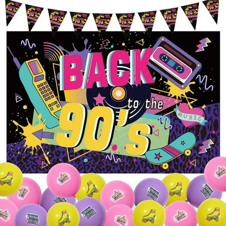 90s Party Decorations Back to the 90s Backdrop 90s Style Bunting Banner Flags 90s Tape Skates Printed Balloons Back to the 90s Retro Party Decorations for Adults Birthday Party Supplies