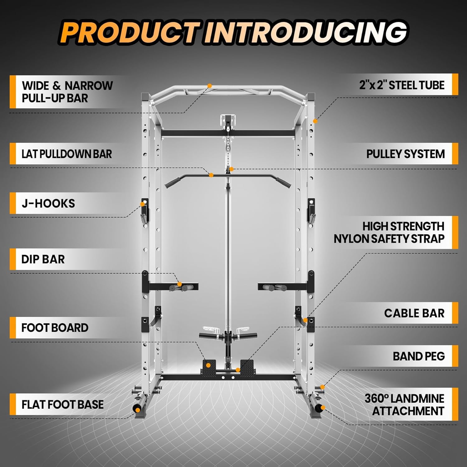 Hetoy 1600 Lbs Power Rack for Home Gym Squat Rack with Cable Pulley System & LAT Pull Down Workout Cage Strength Training Weight Cage with Dip Bar & J Hooks for Multiple Exercises,White