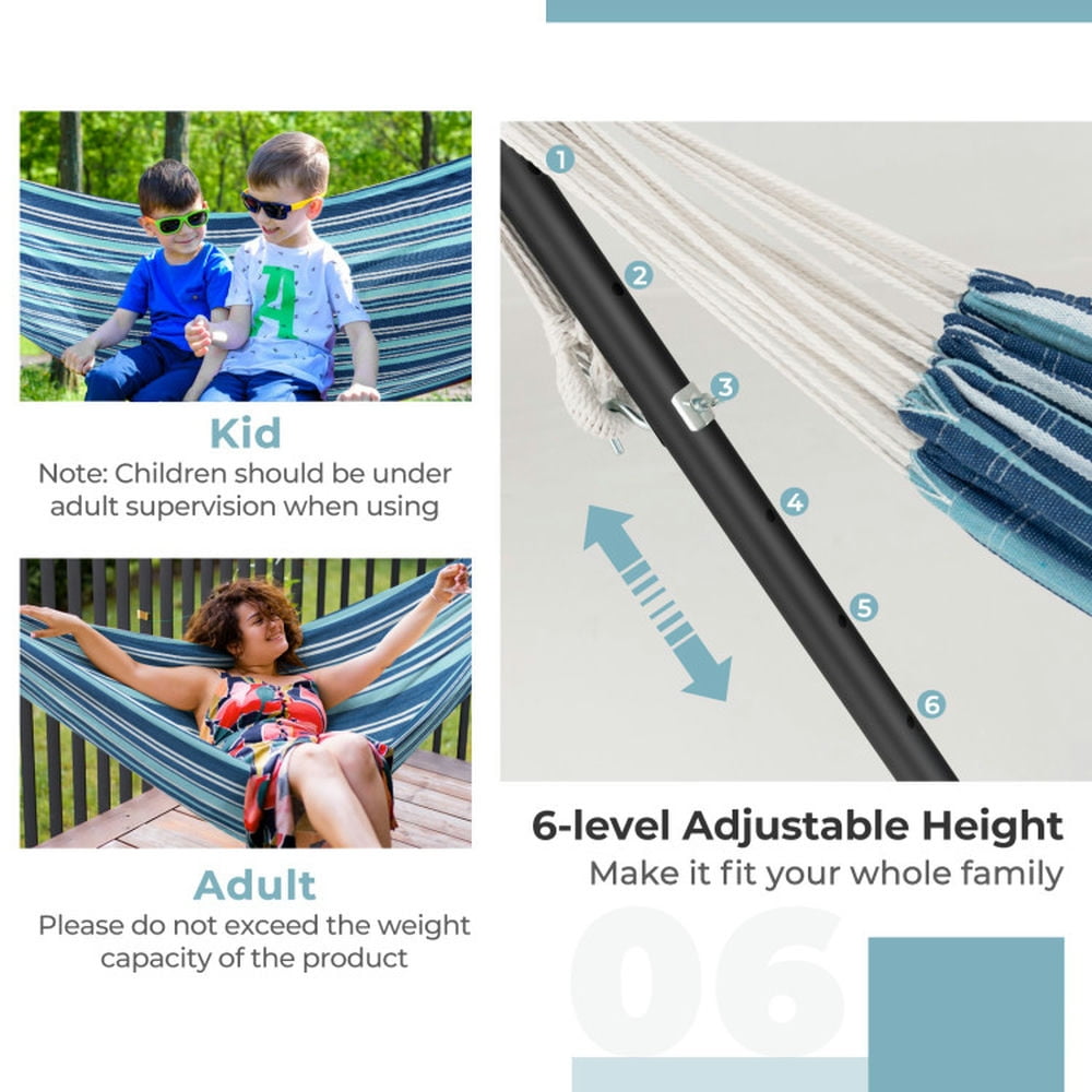 Spaco Portable 2-Person Double Hammock Set with 6-Level Adjustable Height, Hammock Set with Stand and Carrying Cases for Indoor and Outdoor, Blue