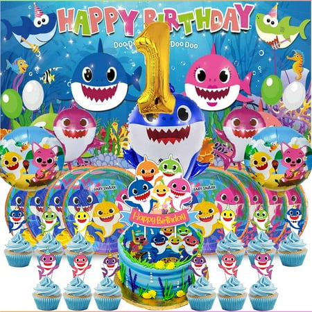 Baby Shark 1st Tableware Balloons Cake Toppers Backdrop Banner Supplies Party Decor Plates Decorations