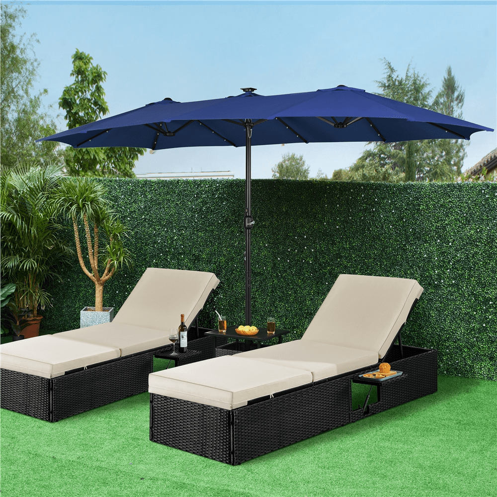 Alden Design 15 ft Triple-size Patio Parasol Umbrella 36 LED Lights Crank for Outdoor, Navy Blue