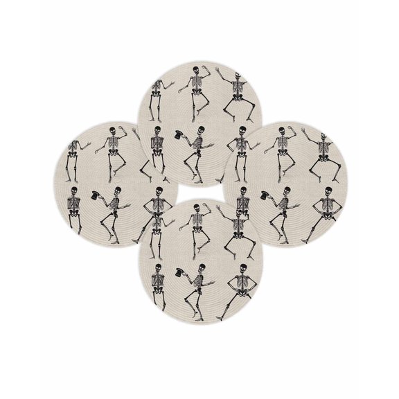 Halloween Round Placemats Set of 4 Funny Dancing Skeleton Place Mats Washable Woven Placemat Black Skull Linen Circle Braided Table Mat for Kitchen Dining Table Holiday Party Home Decor 15 Inch
