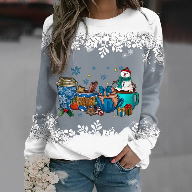 Pntutb - Camiseta estampada para mujer, blusa de manga larga, cuello redondo, tops casuales, sudadera Pntutb Pntutb-1987