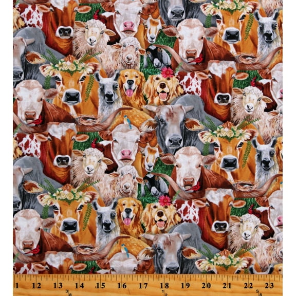 Cotton Farm Animals Cows Sheep Dogs Llamas Goats Faces Floral Happy Farm Cotton Fabric Print by the Yard (28001MULTI)