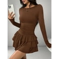 thumbnail image 5 of Womens Long Sleeve Corset Mini Dress Ruffle Hem Short Party Club Dresses Brown M, 5 of 9