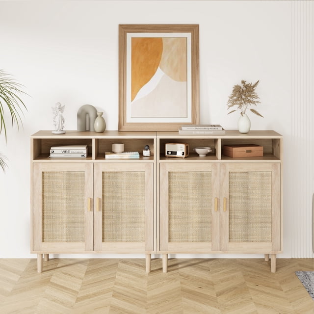 Set of 2 Rattan Buffet Cabinet, Kitchen Sideboard Cabinet with Storage, Accent Coffee Bar Cabinet, Modern Console Table for Kitchen Dining Room Entryway Living Room