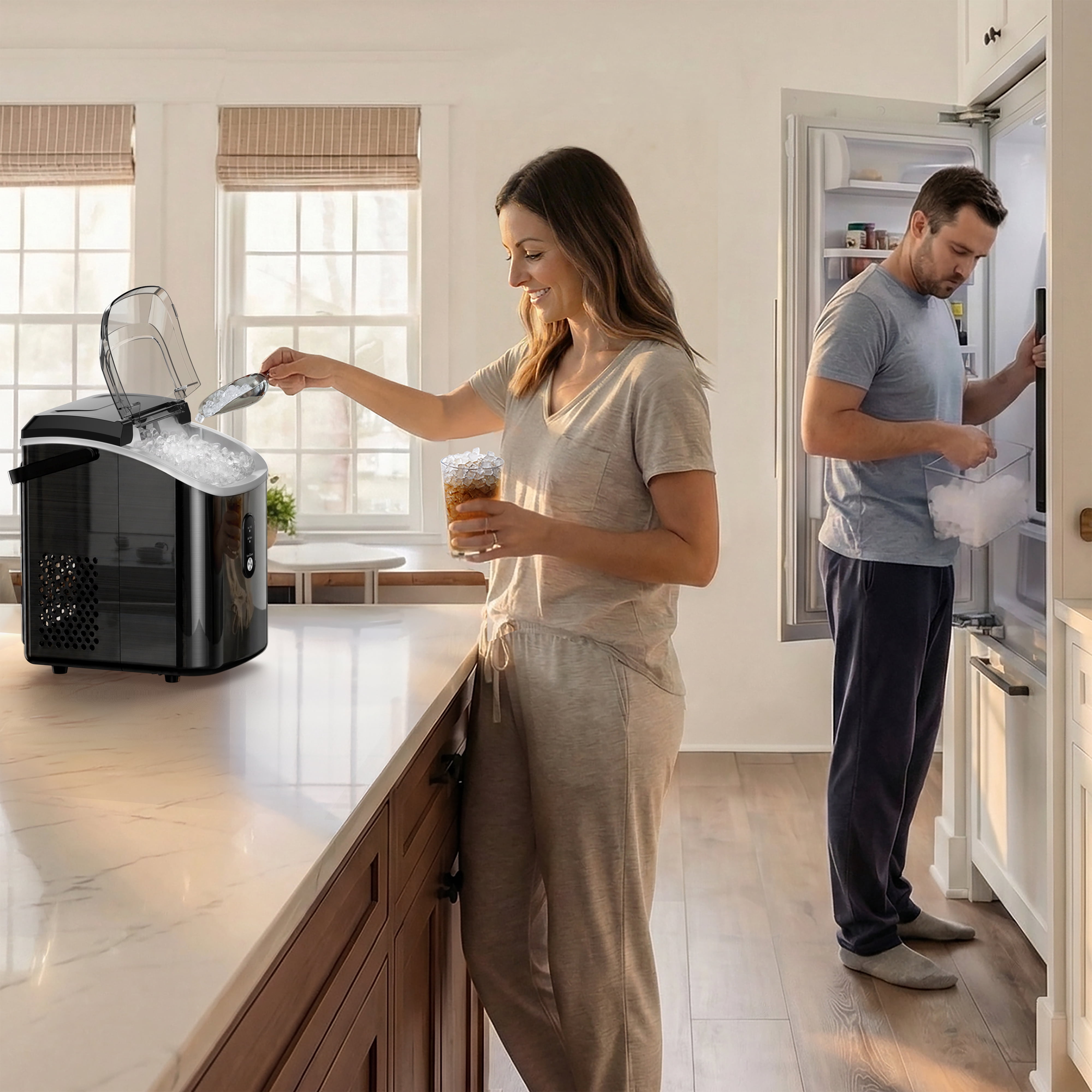 Goosiay 33lb Nugget Ice Maker Countertop, Portable Pebble Ice Machine with Handle, Soft Chewable Pellet, Stainless Steel Black