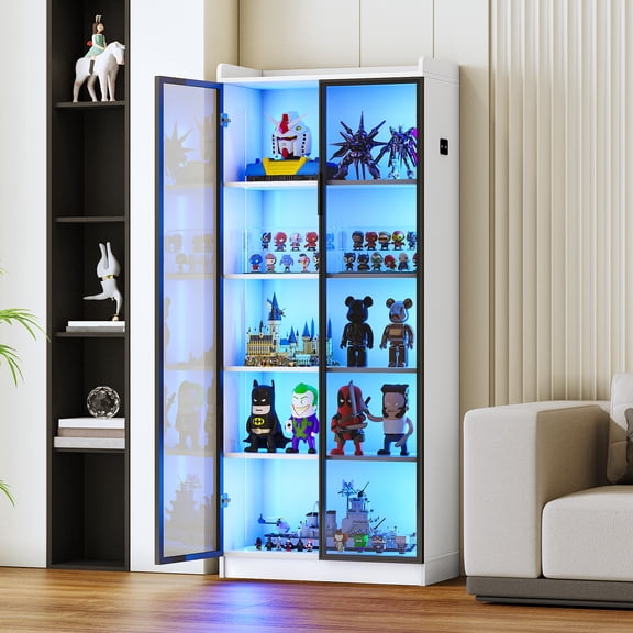 Gurexl 65" Tall Storage Cabinet, LED Curio Cabinets with Human Body Induction, 5 Tier Bookcase Display Case with Adjustable Shelves for Living Room Office (White)