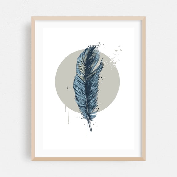 Feather in a circle - Illustration Minimalist Nature Boho Abstract Oak Framed Wall Art Print 9 x 12 inches