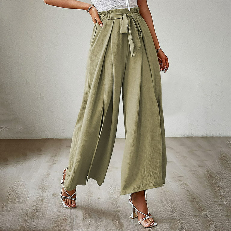 Dadaria Wide Leg Pants for Women Dressy Fashion Women Summer Bow Casual  Loose High Waist Pleated Wide Solid Trousers Pants Green XS,Women