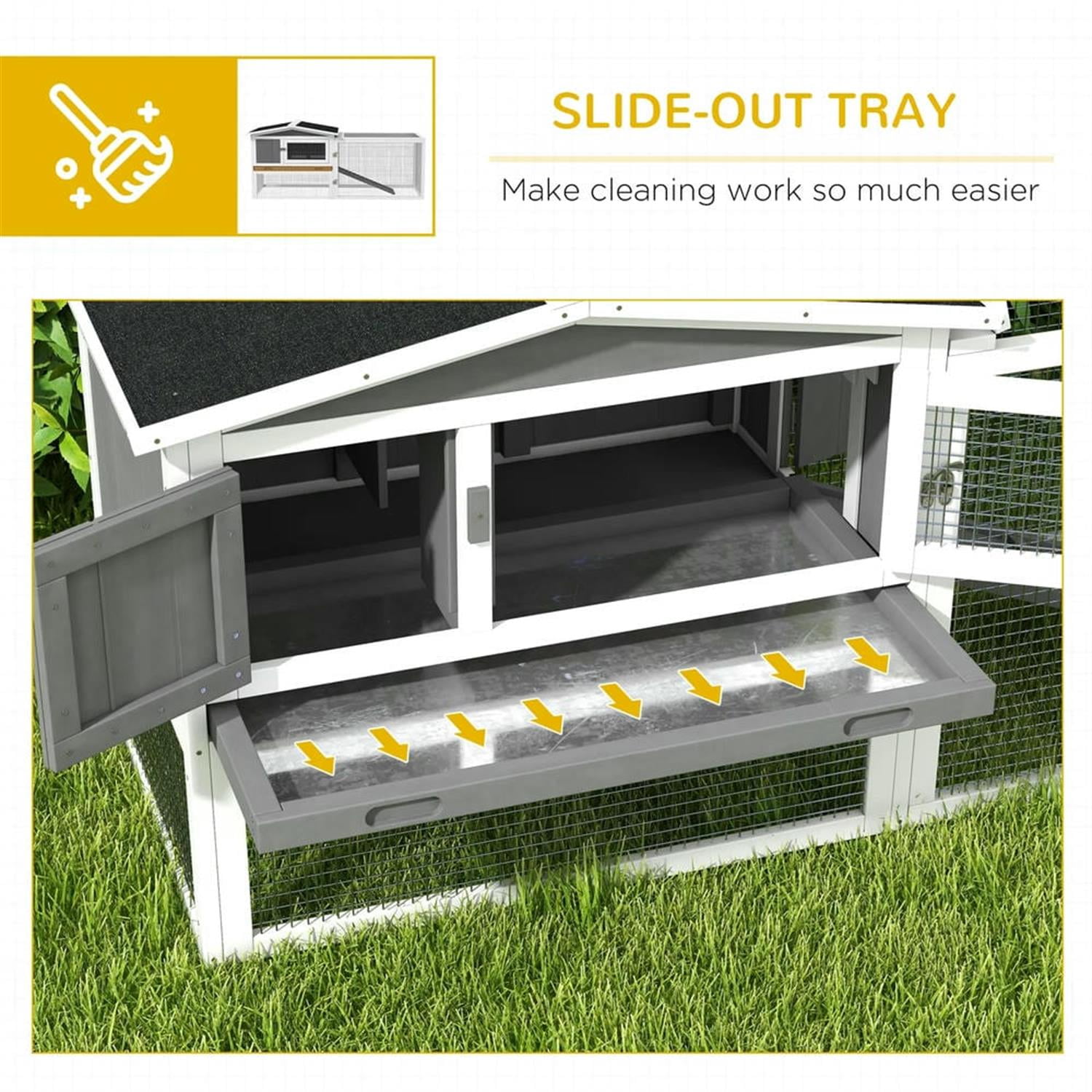 Kadyn 61" 2-Story Wooden Rabbit Hutch with Slide-out Tray, Outdoor Small Animal Habitat Enclosure Bunny Cage for Bunnies, Guinea Pigs, Gray