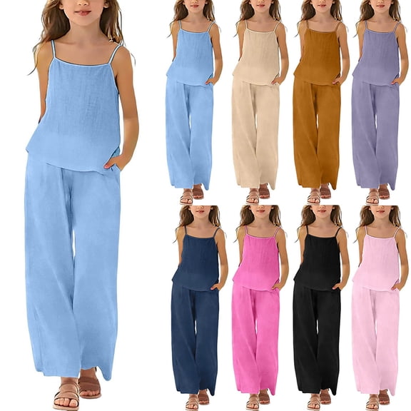 Girls 2 Piece Cotton Linen Outfit 3-14 Years Adjustable Spaghetti Strap Top and Wide Leg Pants with Pockets Summer Casual Set for Kids Purple 170(170)