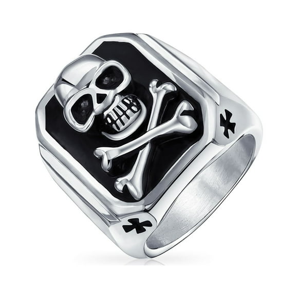 Men's Big Black Enamel Caribbean Pirate Skull & Cross Bones Rectangle Signet Ring for Men Teens Silver Tone Stainless Steel