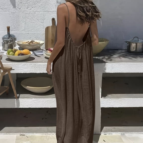 Xdegoge Sleeveless Dresses for Women Backless Spaghetti Strap Maxi Dress Crewneck Fashion Loose Casual Loungewear Ankle Length Beach Summer Long Dresses