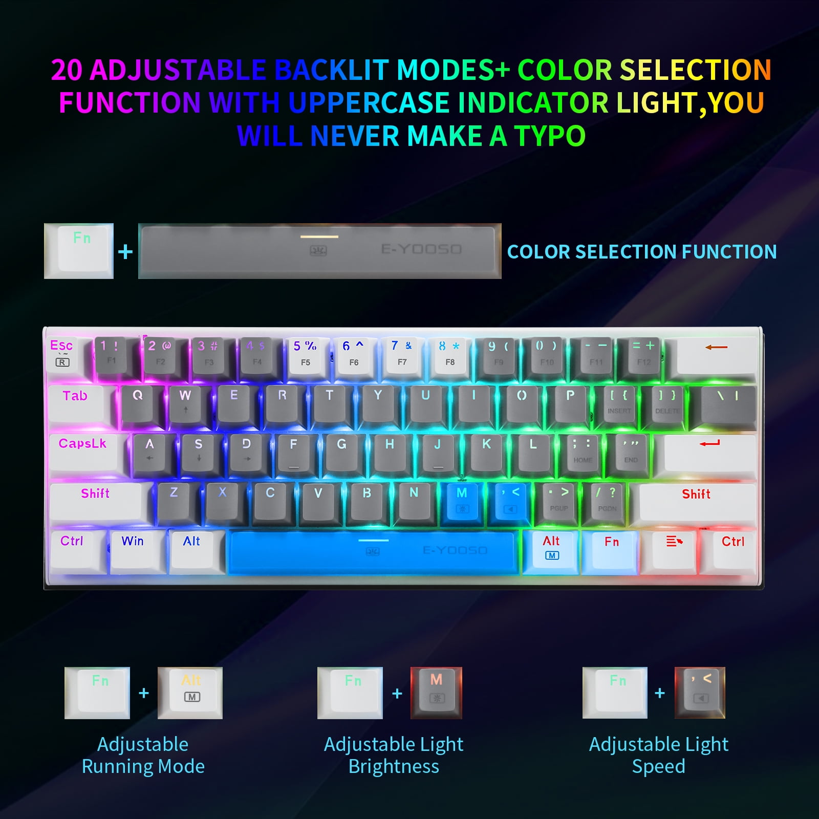 60% Wired Mechanical Gaming Keyboard, E-YOOSO RGB Backlit Ultra-Compact 61 Keys Hot Swappable Mini Waterproof Wired Office Keyboard with Red Switches for Windows, Mac OS Gamers (Grey White)